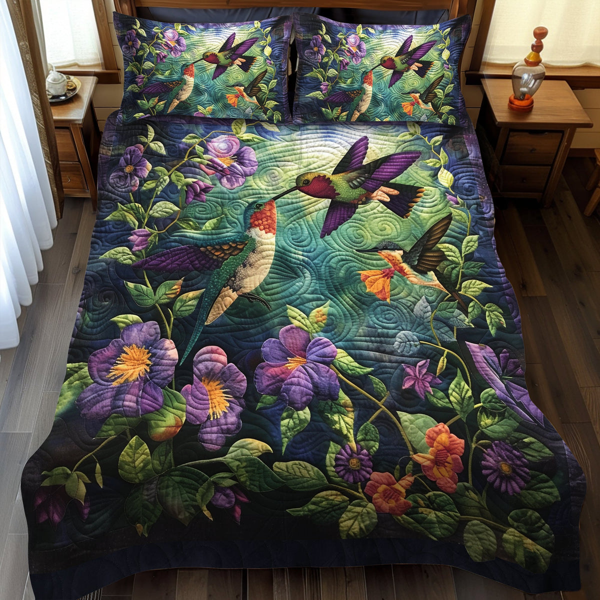 Hummingbird Kiss 3-Piece Quilted Bedding Set