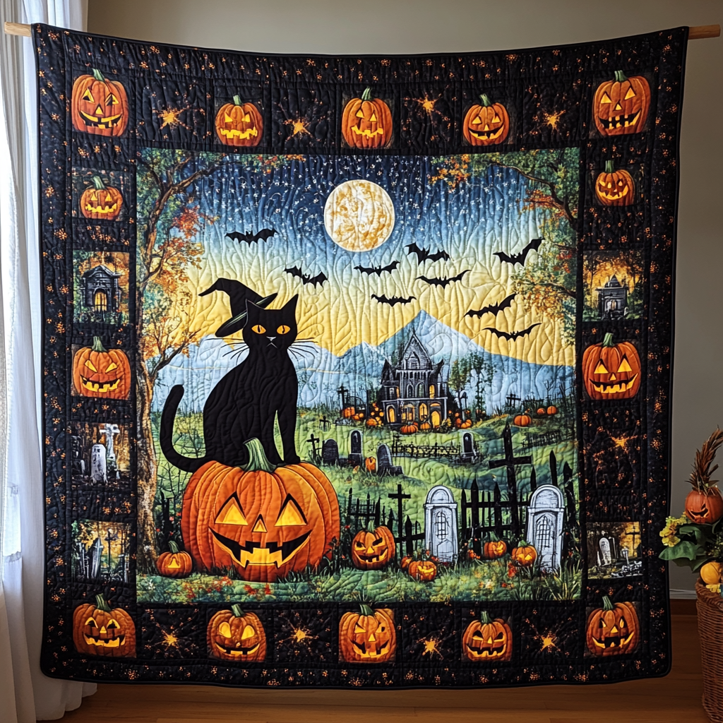 Halloween Black Cat Quilted Blanket