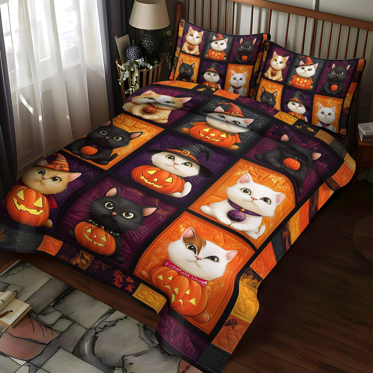 Halloween Cat 3-Piece Quilted Bedding Set