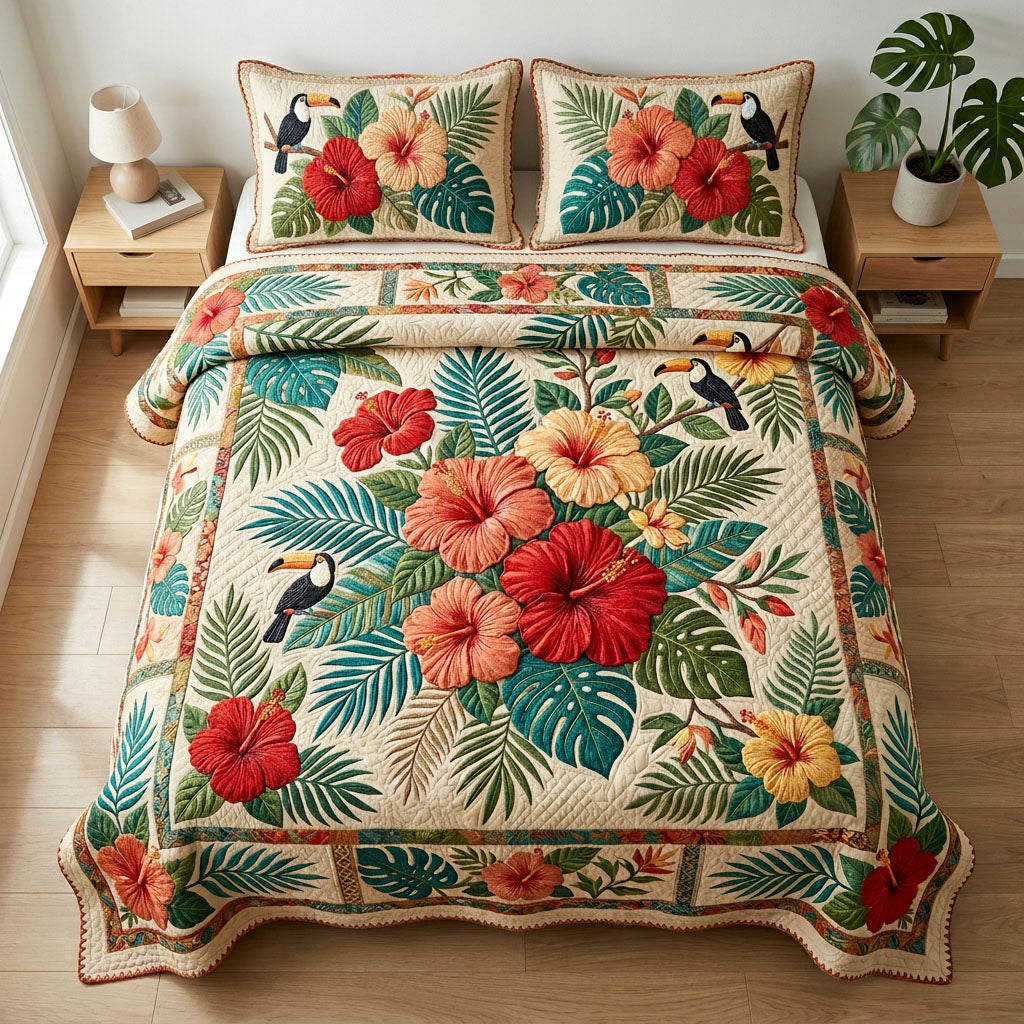 Hibiscus Garden 3-Piece Quilted Bedding Set
