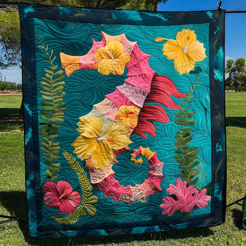 Hibiscus Seahorse Quilted Blanket