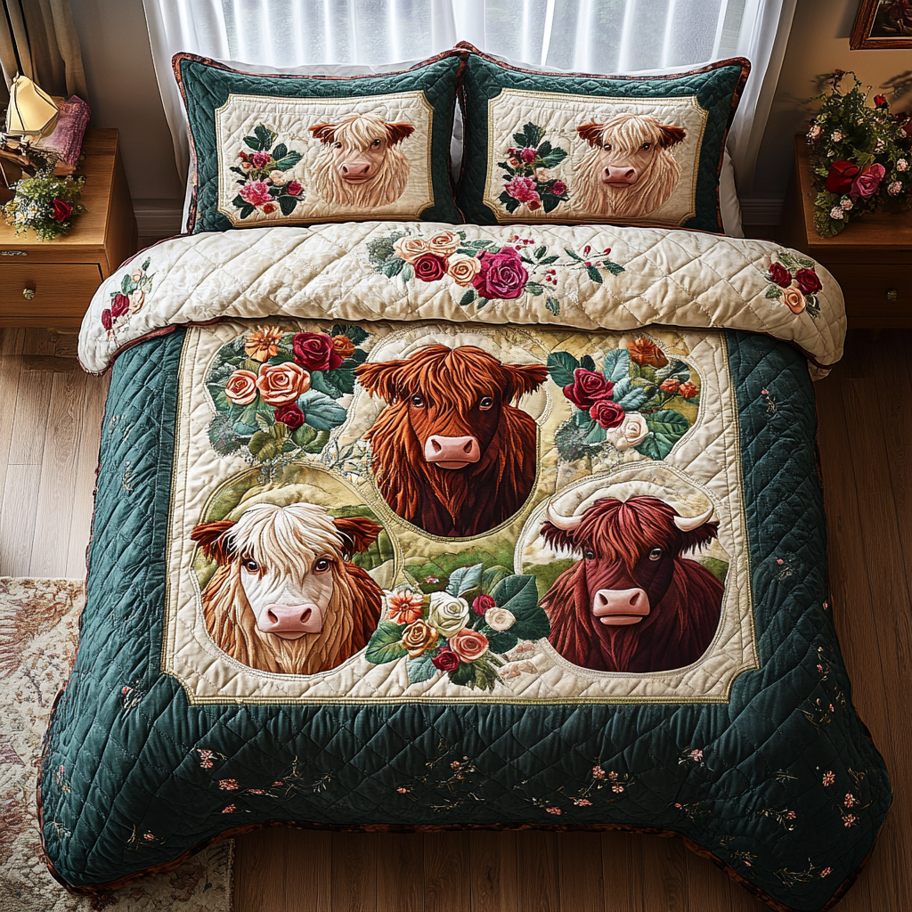 Highland Cow 3-Piece Quilted Bedding Set