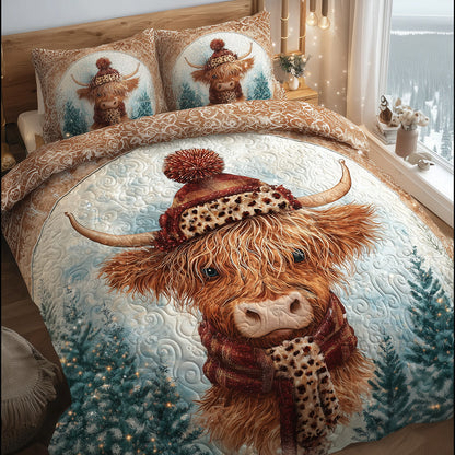 Highland Cow Winter Charm 3-Piece Quilted Bedding Set