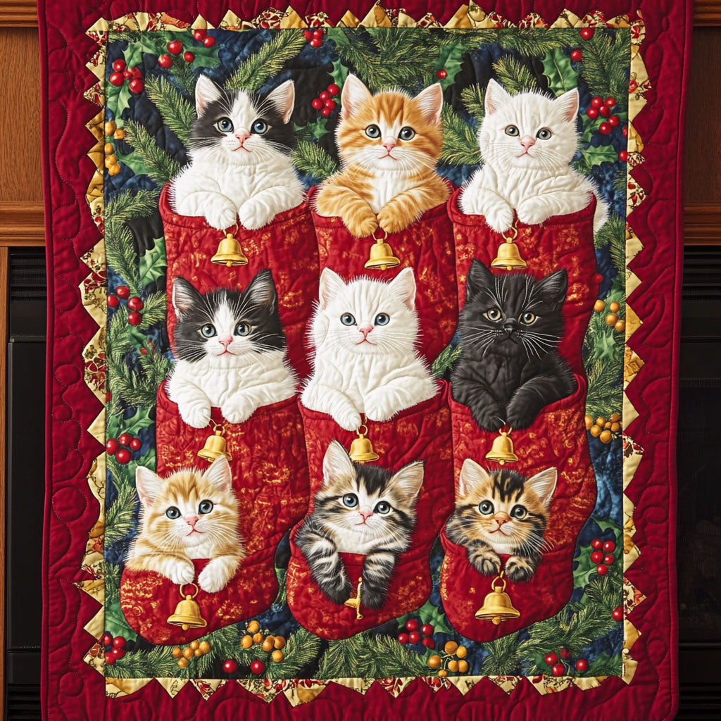 Holiday Feline Joy Quilted Blanket
