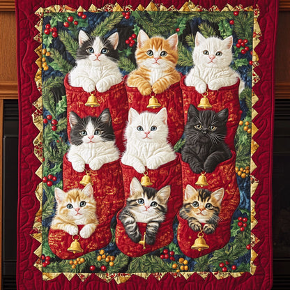 Holiday Feline Joy Quilted Blanket