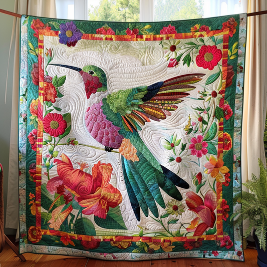 Hummingbird And Blossoms Quilted Blanket