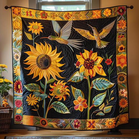 Hummingbird And Flowers Quilted Blanket