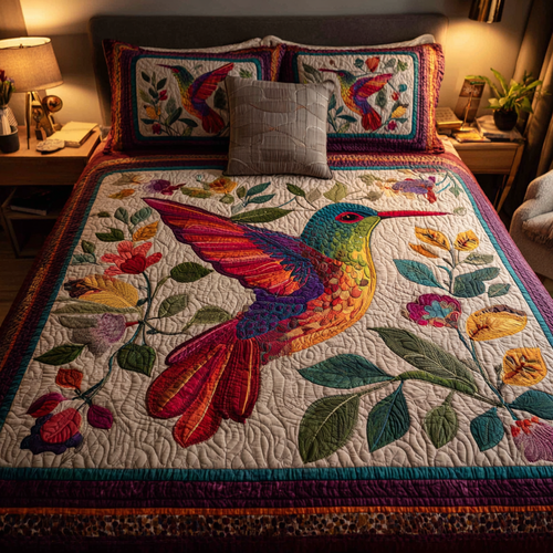 Hummingbird Flare 3-Piece Quilted Bedding Set