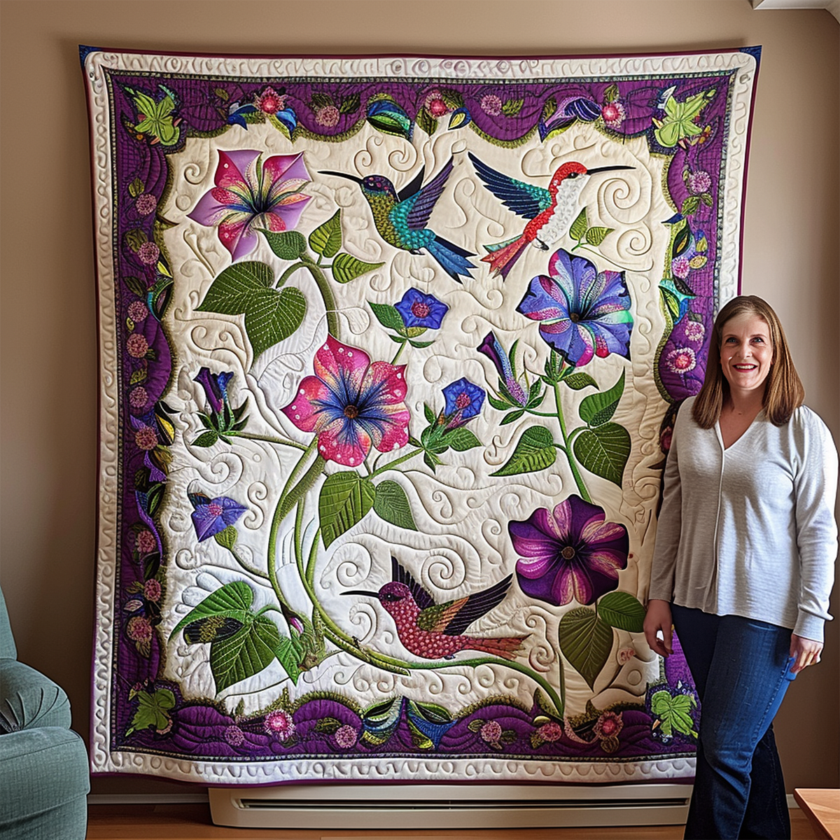 Hummingbird Harmony Quilted Blanket