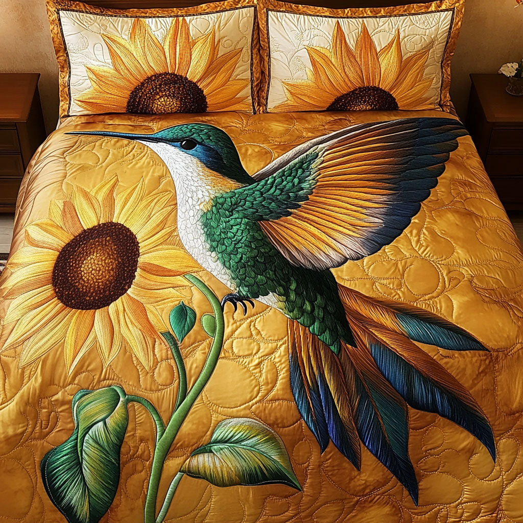 Hummingbird Sunflower 3-Piece Quilted Bedding Set