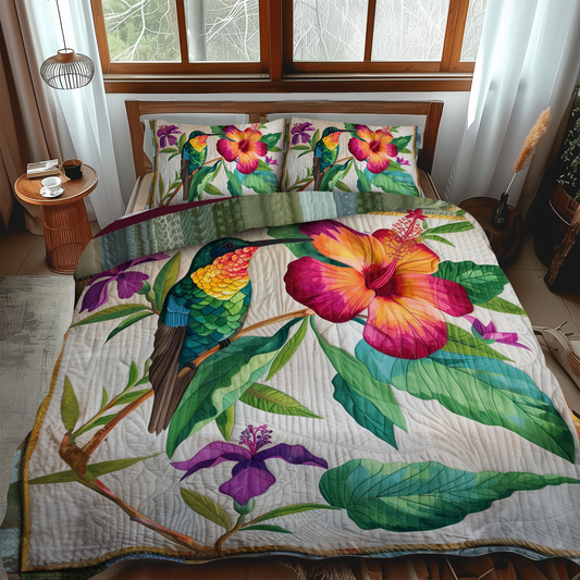 Hummingbird With Tropical Hibiscus 3-Piece Quilted Bedding Set