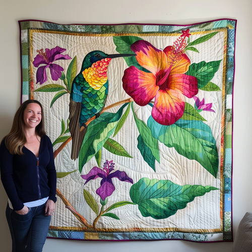 Hummingbird With Tropical Hibiscus Quilted Blanket