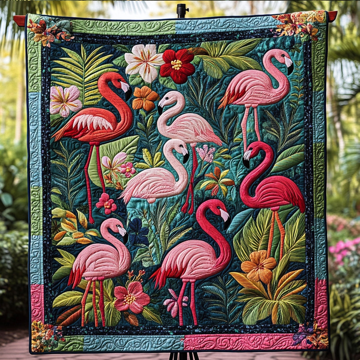 Island Flamingo Escape Quilted Blanket