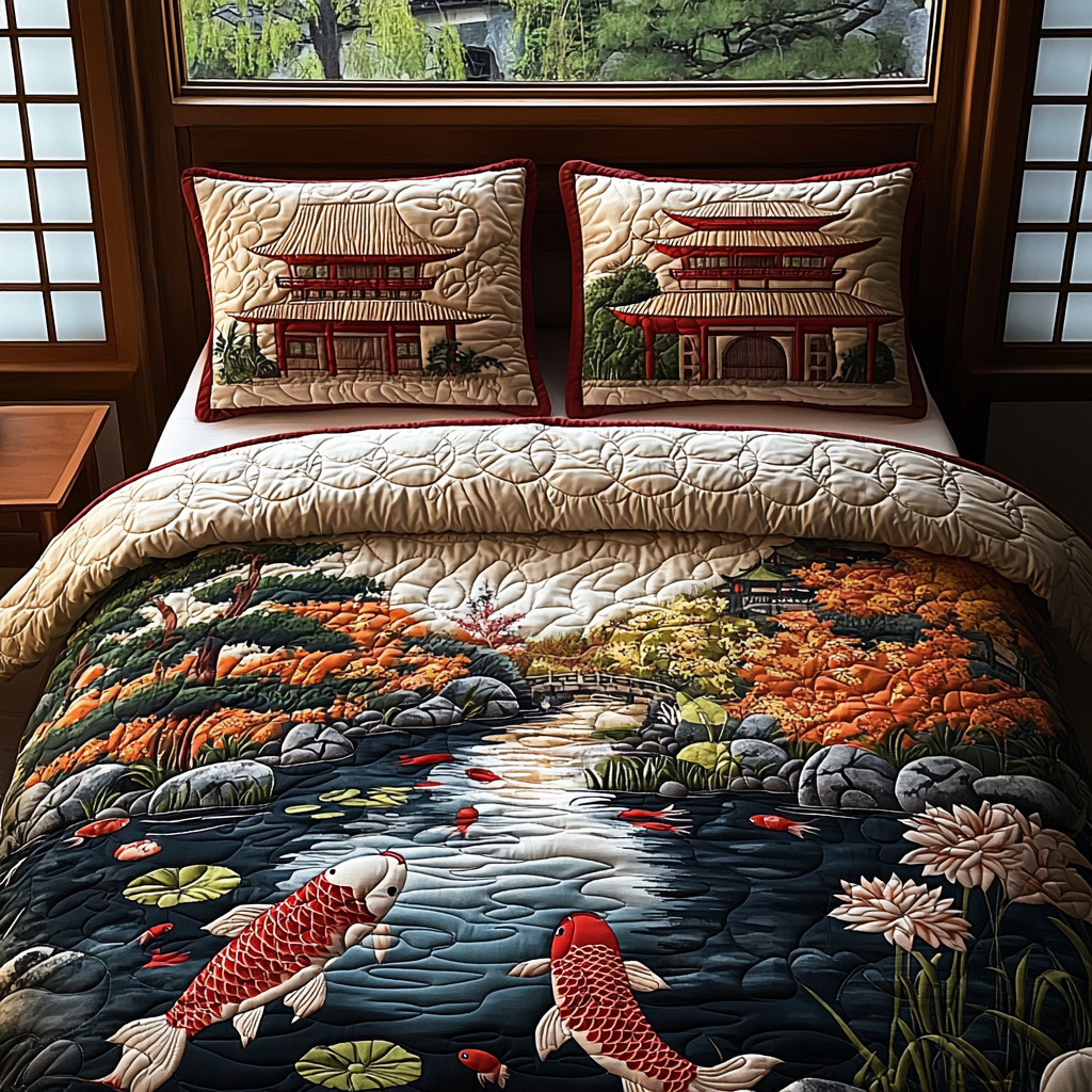 Japanese Koi Garden 3-Piece Quilted Bedding Set