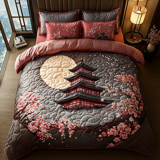 Japanese Pagoda Ancient Moon 3-Piece Quilted Bedding Set