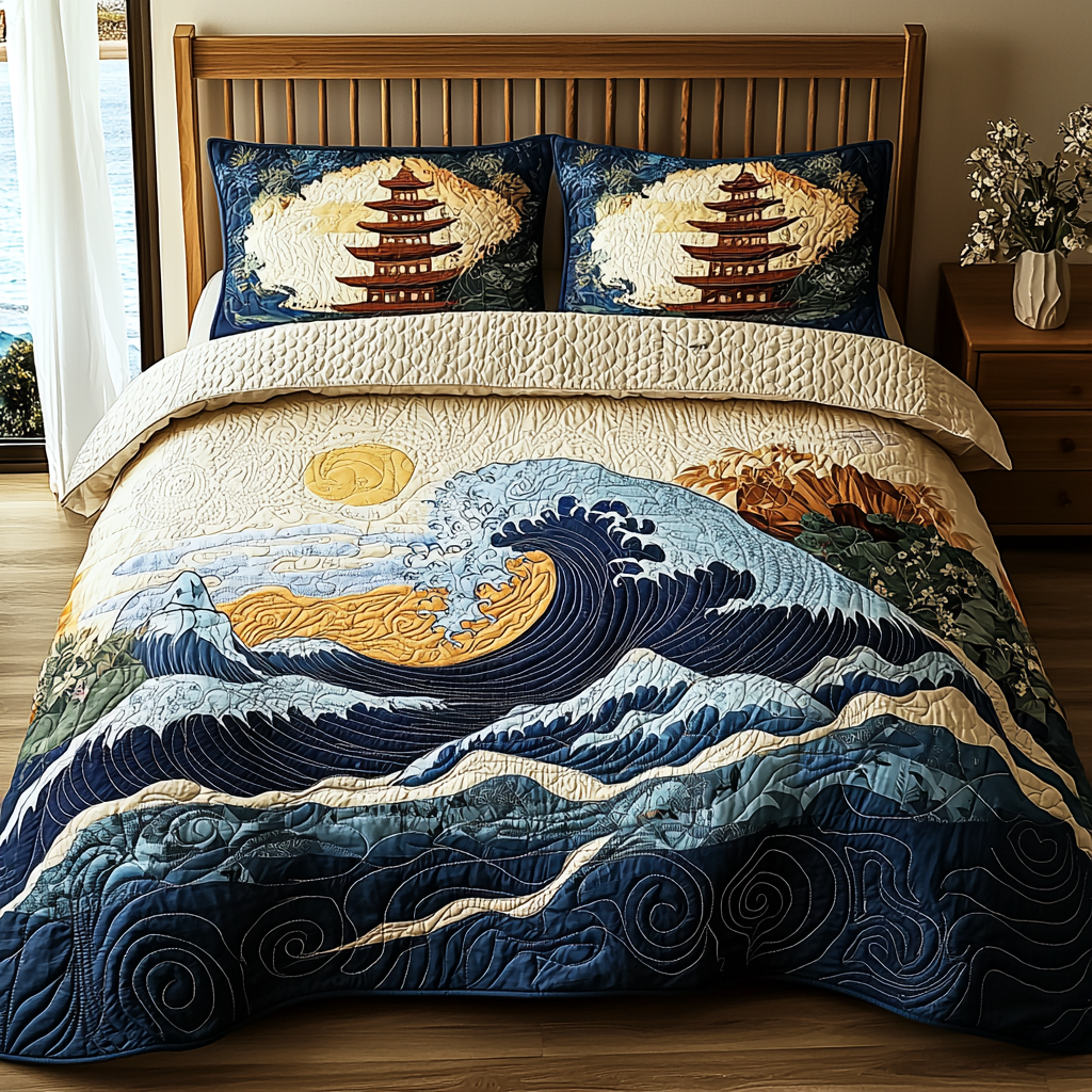 Japanese Pagoda Artistic Wave 3-Piece Quilted Bedding Set