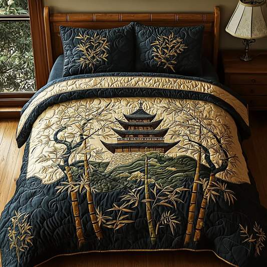 Japanese Pagoda Golden Path 3-Piece Quilted Bedding Set