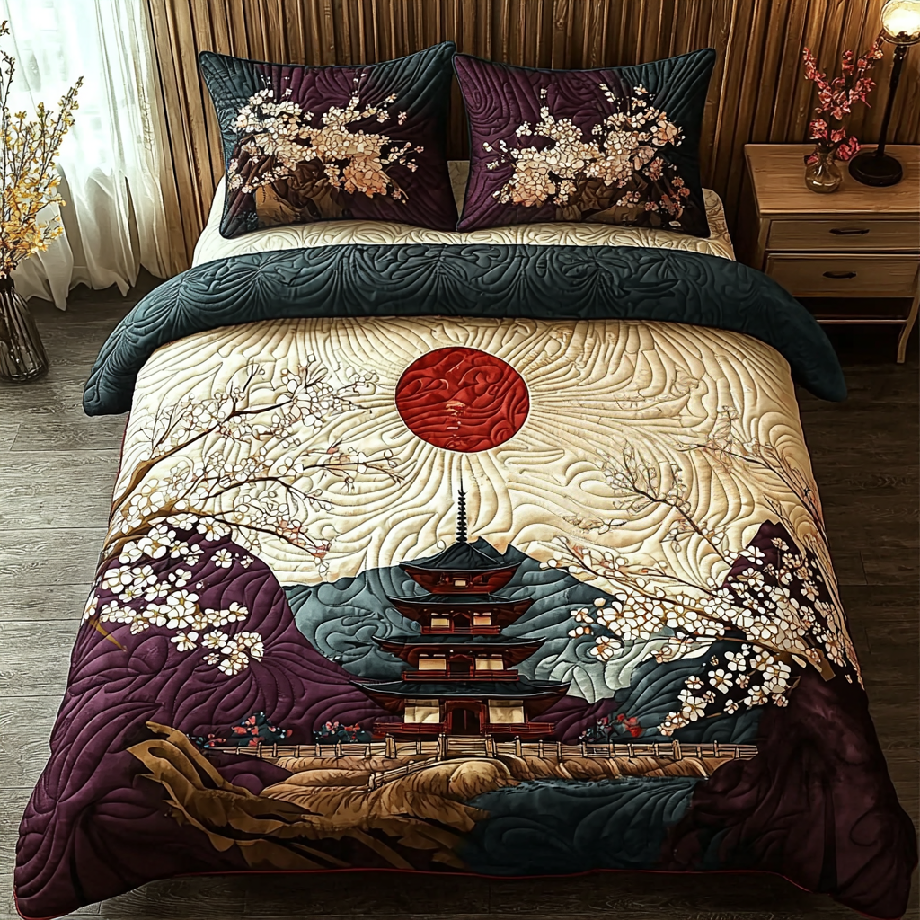 Japanese Pagoda Vintage Charm 3-Piece Quilted Bedding Set