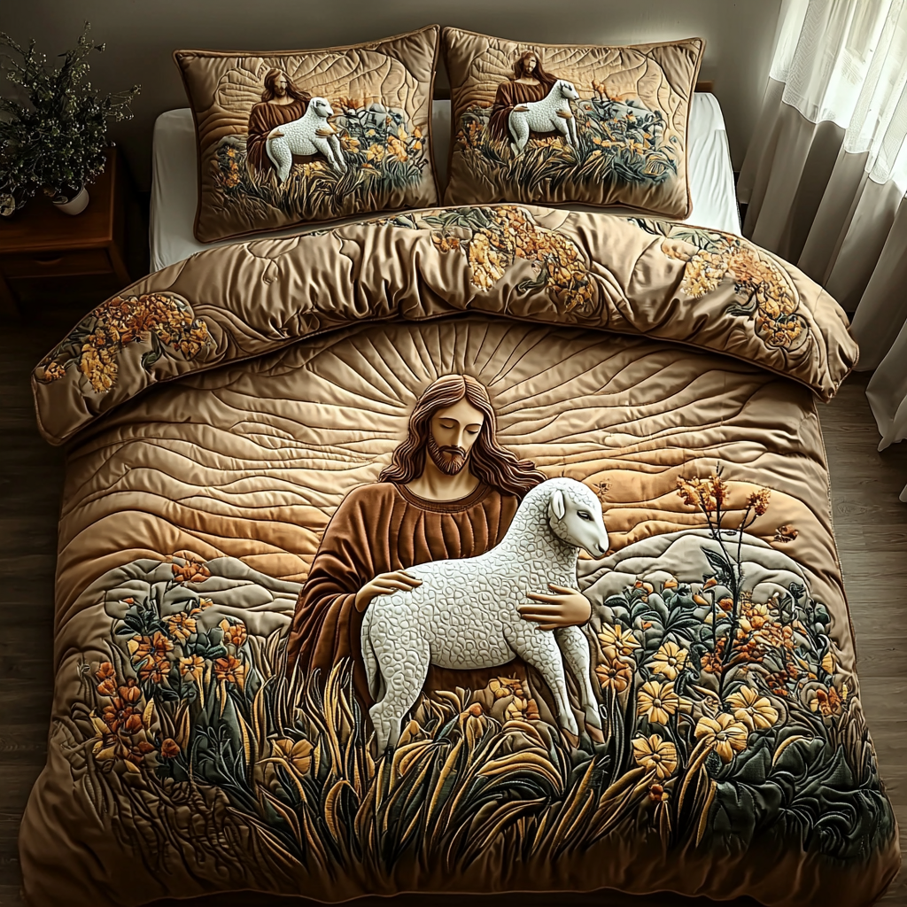 Jesus the Shepherd 3-Piece Quilted Bedding Set