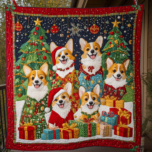 Joyful Corgi Celebration Quilted Blanket