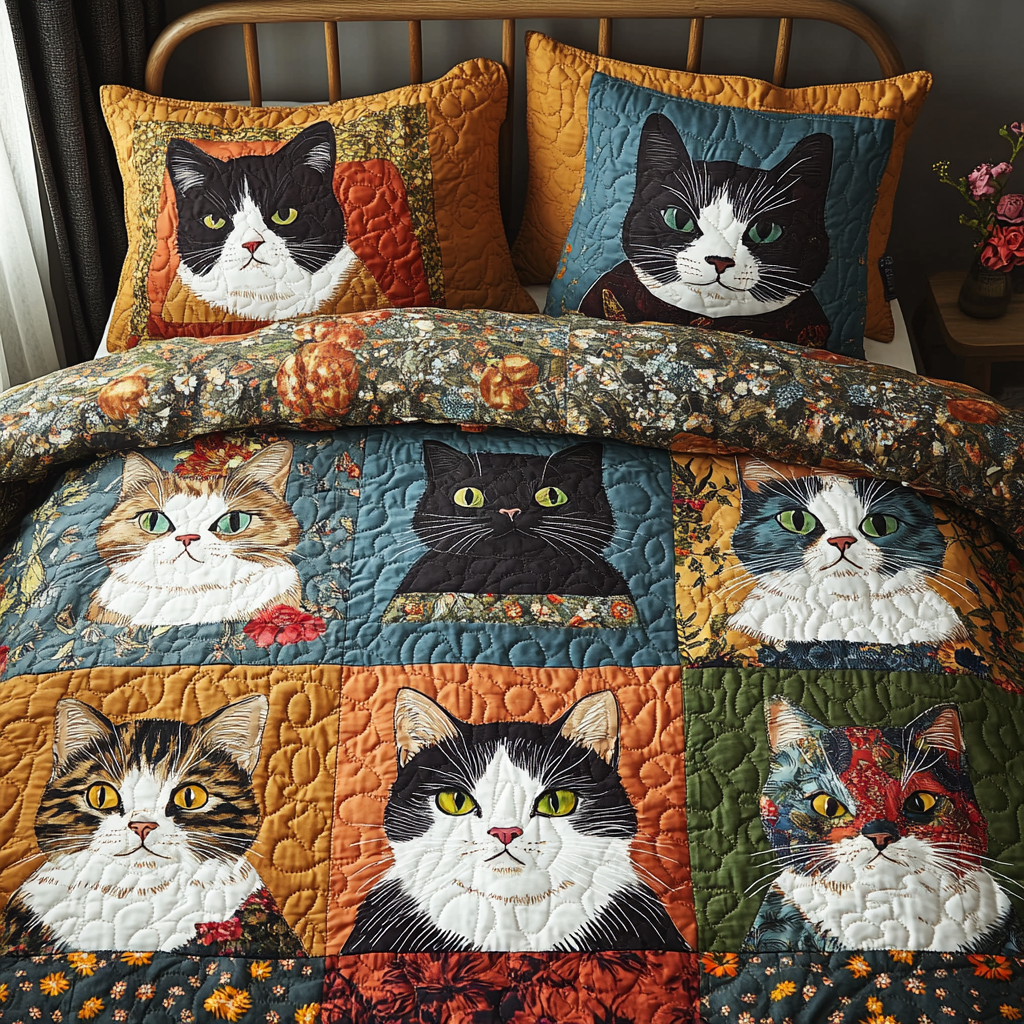 KaleidoCats 3-Piece Quilted Bedding Set