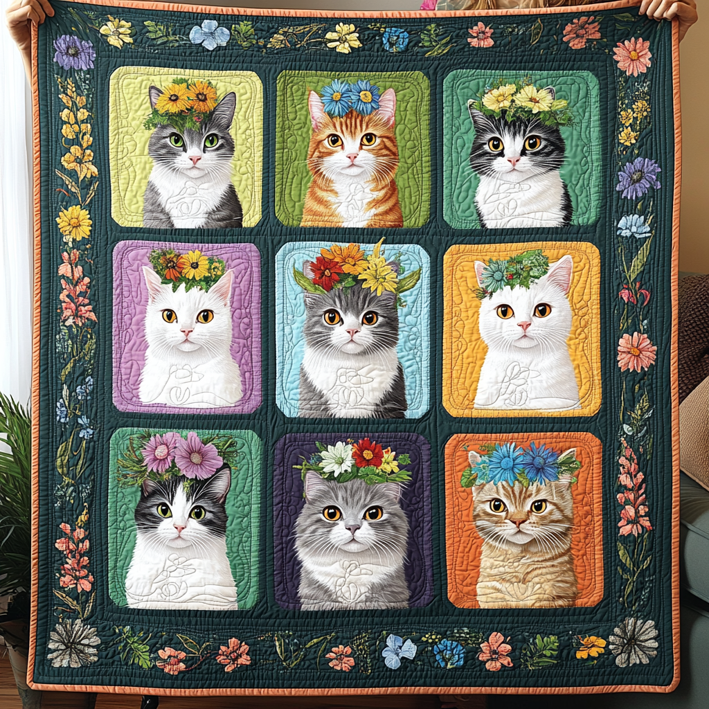 Kittens in Bloom Quilted Blanket