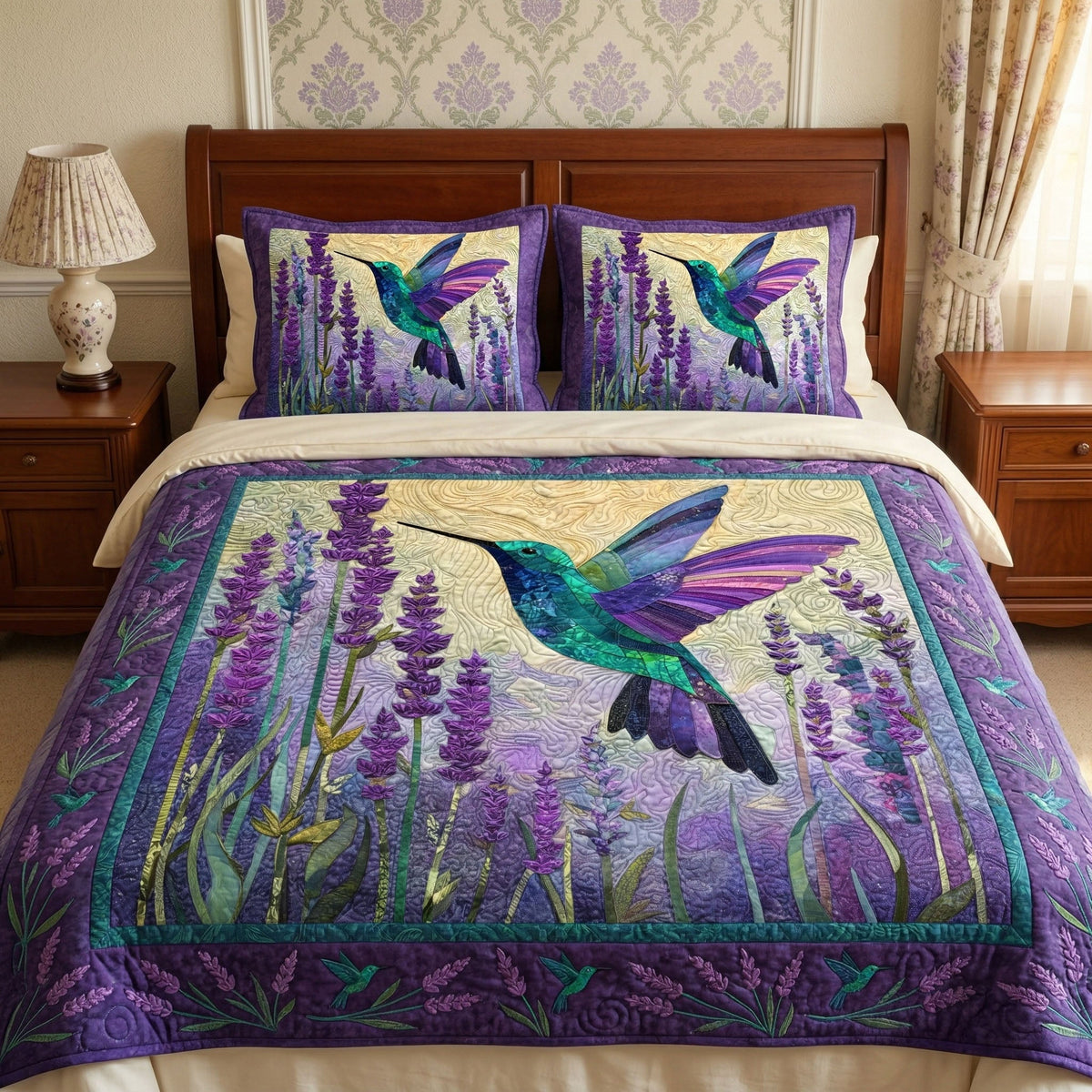 Lavender Hummingbird 3-Piece Quilted Bedding Set
