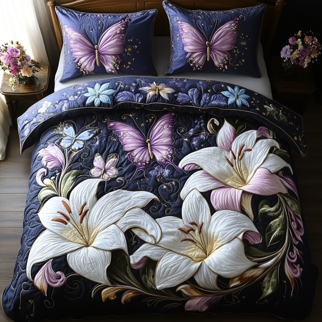Lilies Wings 3-Piece Quilted Bedding Set