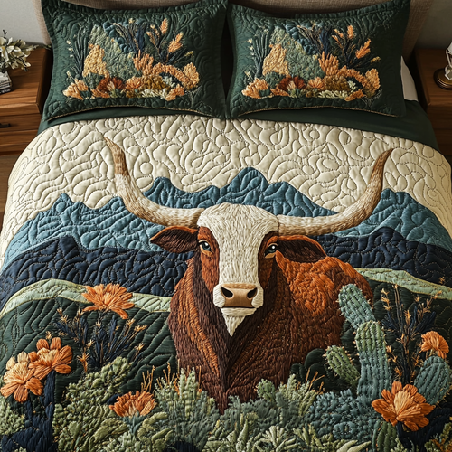 Longhorn Cattle 3-Piece Quilted Bedding Set