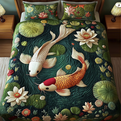 Lotus and Koi 3-Piece Quilted Bedding Set