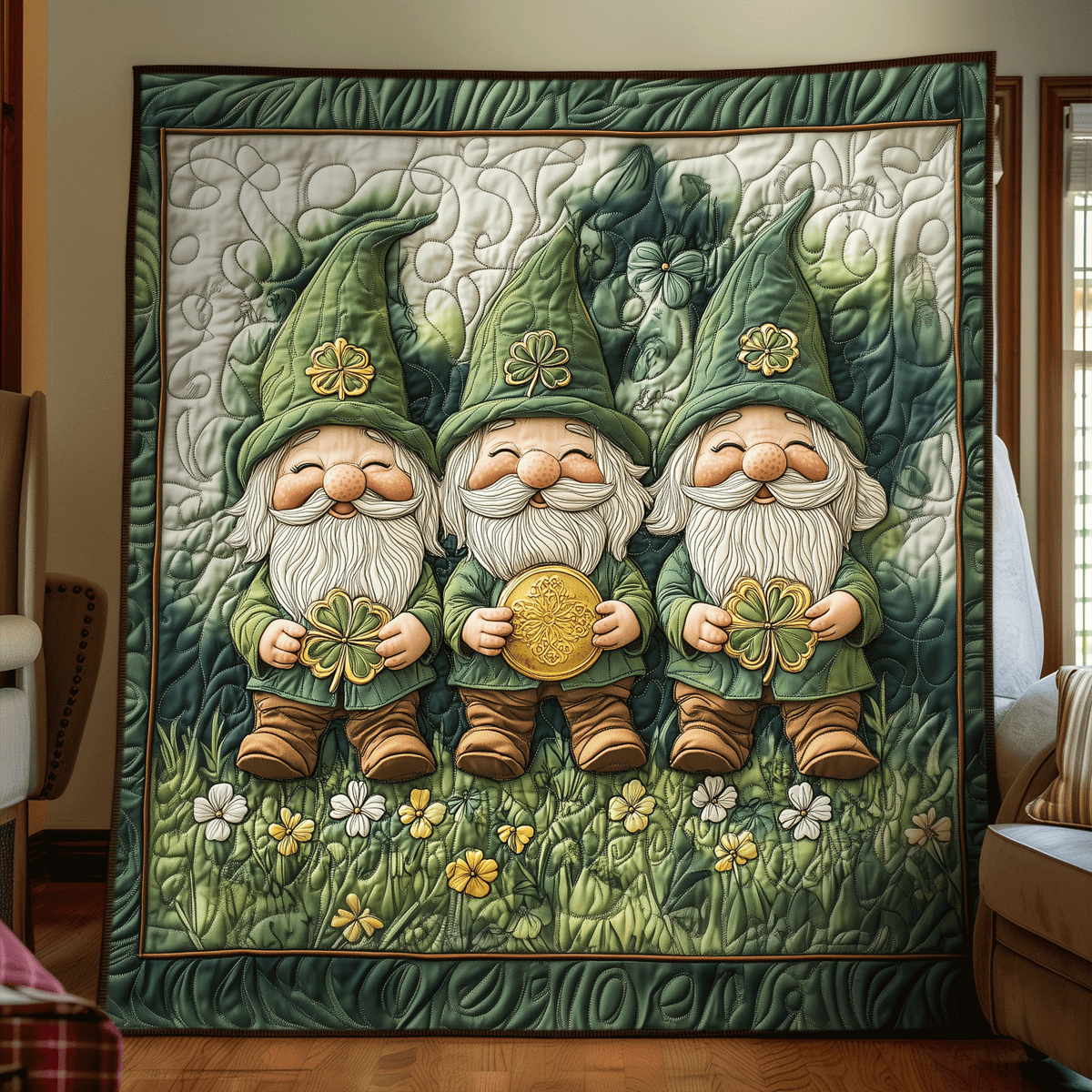 Lucky Clover Gnome Quilted Blanket