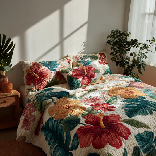Lush Hibiscus 3-Piece Quilted Bedding Set