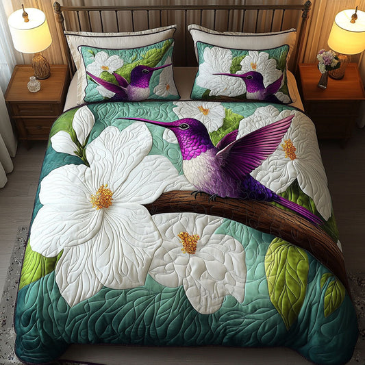 Magnolia and Hummingbird 3-Piece Quilted Bedding Set