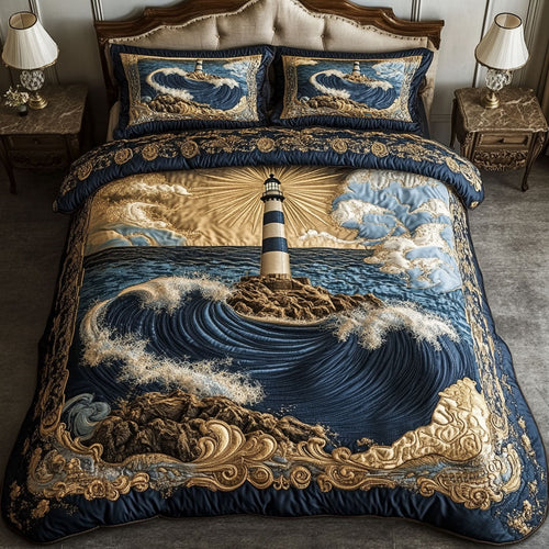 Majestic Blue Lighthouse 3-Piece Quilted Bedding Set