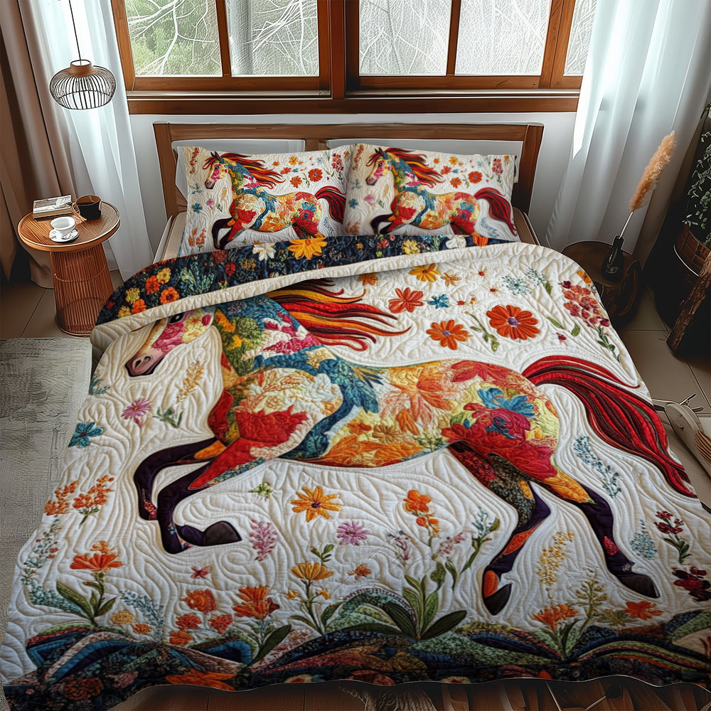 Majestic Floral Horse 3-Piece Quilted Bedding Set