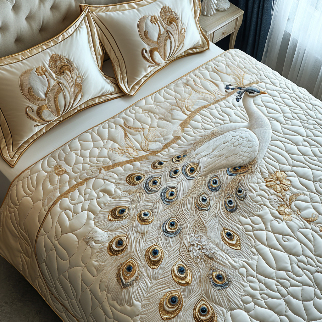 Majestic White Peacock 3-Piece Quilted Bedding Set
