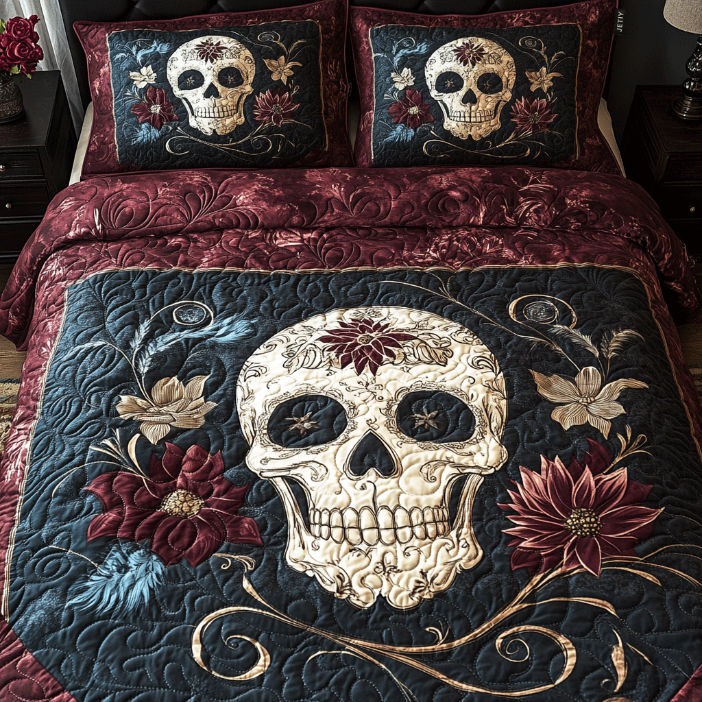 Midnight Skull Bloom 3-Piece Quilted Bedding Set