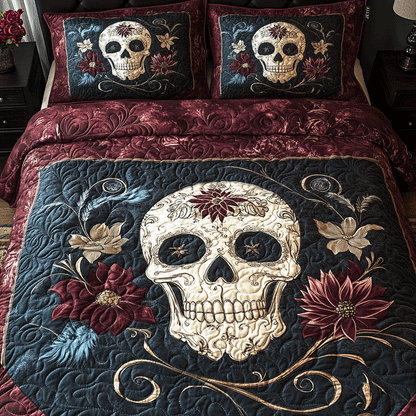 Midnight Skull Bloom 3-Piece Quilted Bedding Set