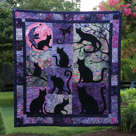 Midnight Garden Black Cats Quilted Blanket