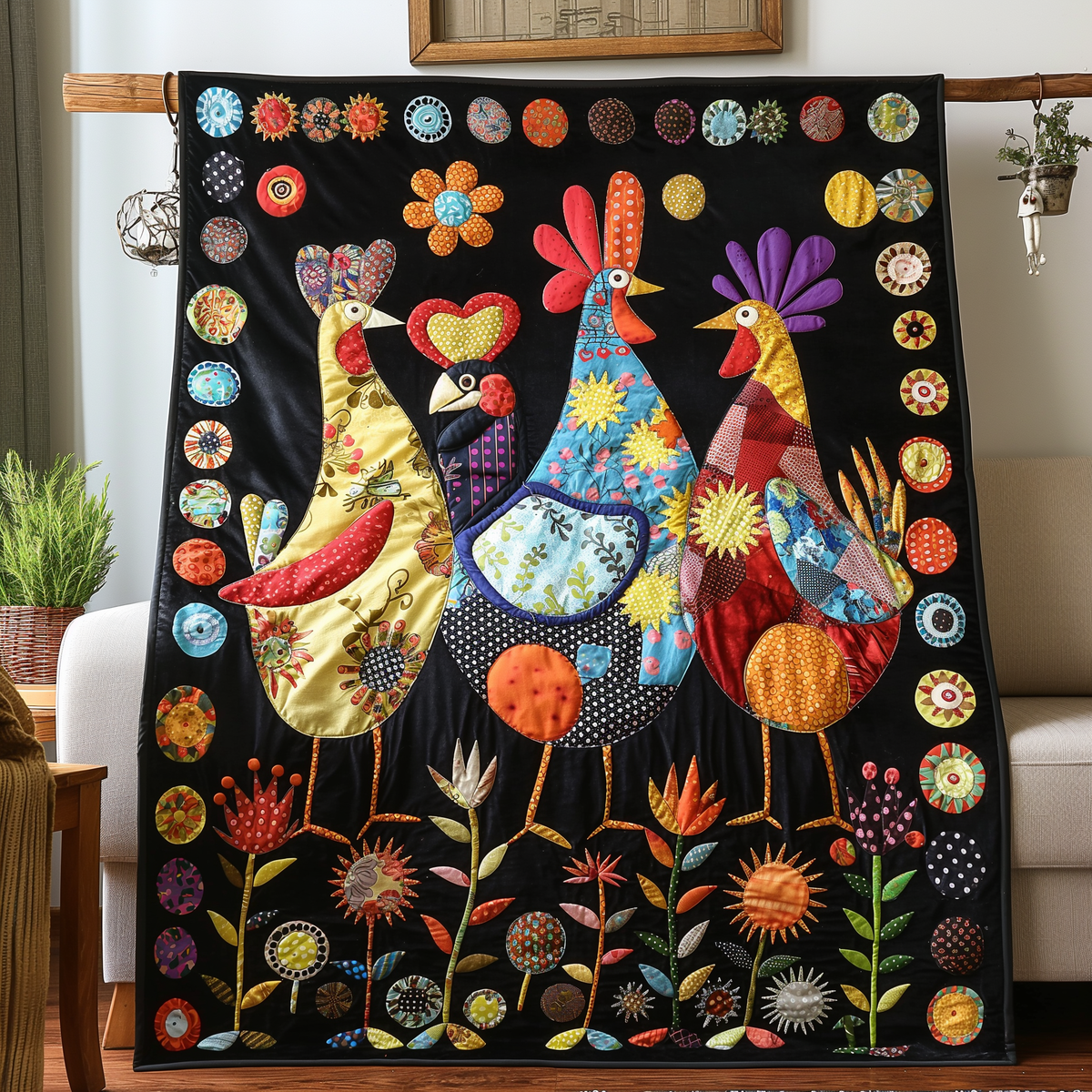 Midnight Garden Chicken Quilted Blanket