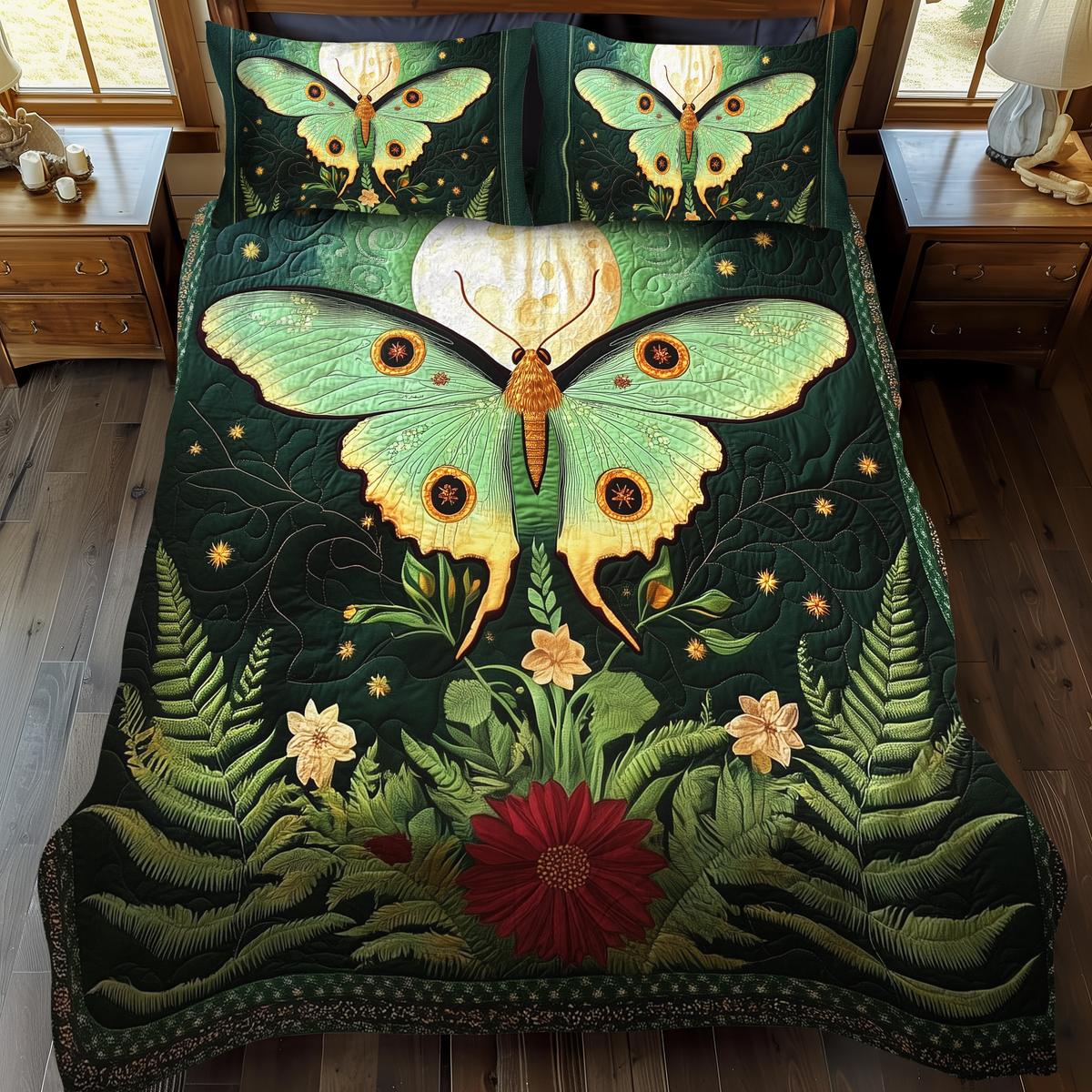 Midnight Moth 3-Piece Quilted Bedding Set