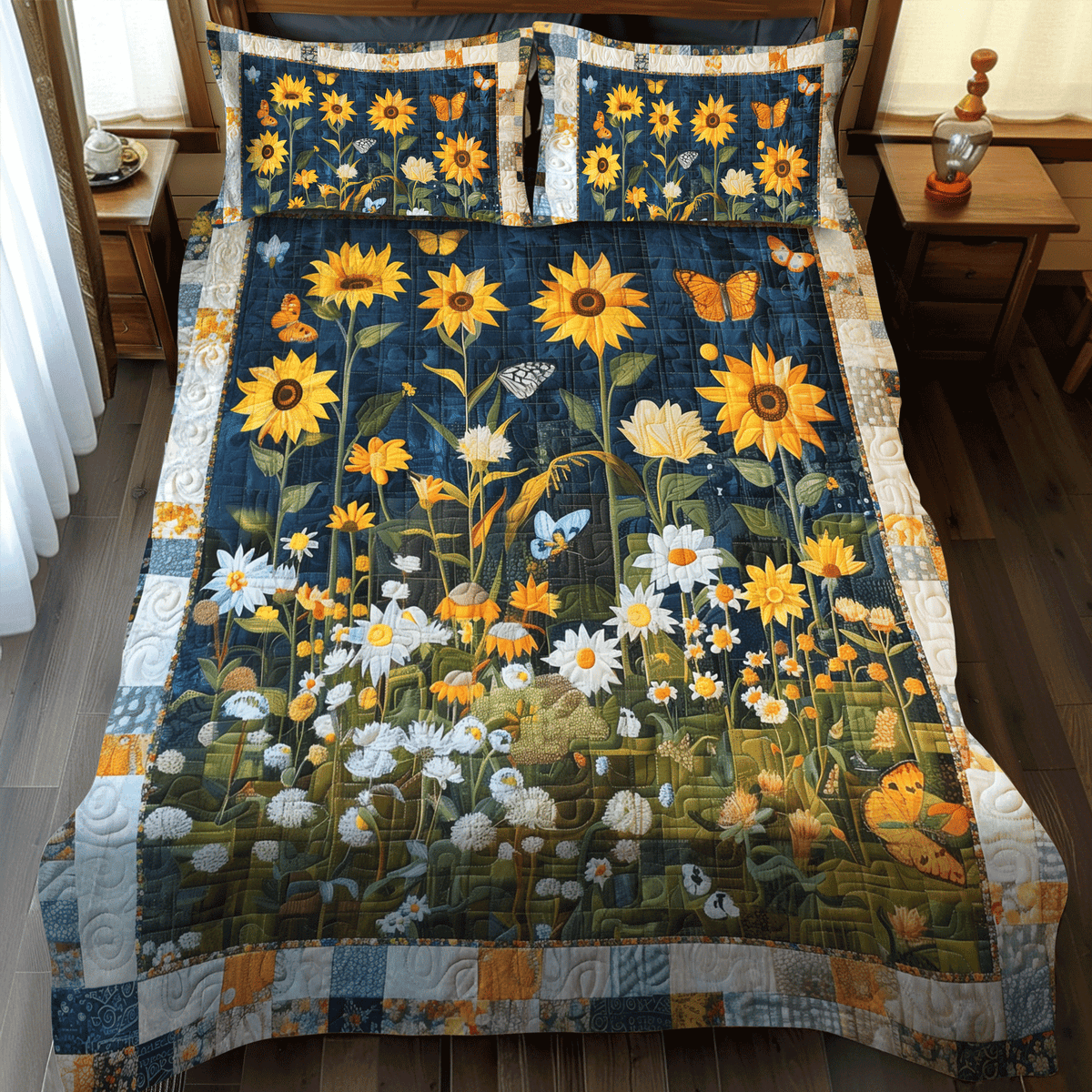 Midnight Sunflowers 3-Piece Quilted Bedding Set