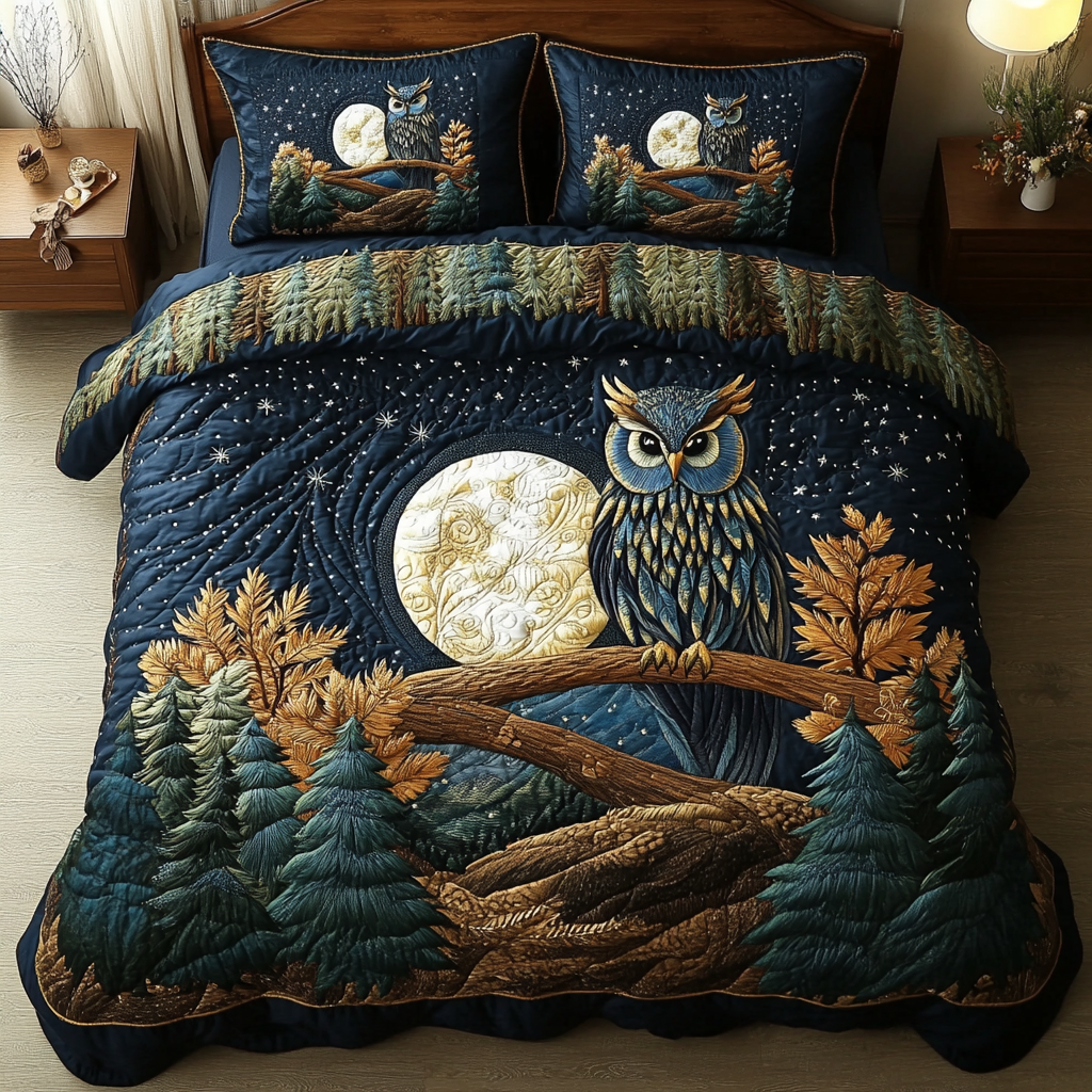 Midnight Owl 3-Piece Quilted Bedding Set