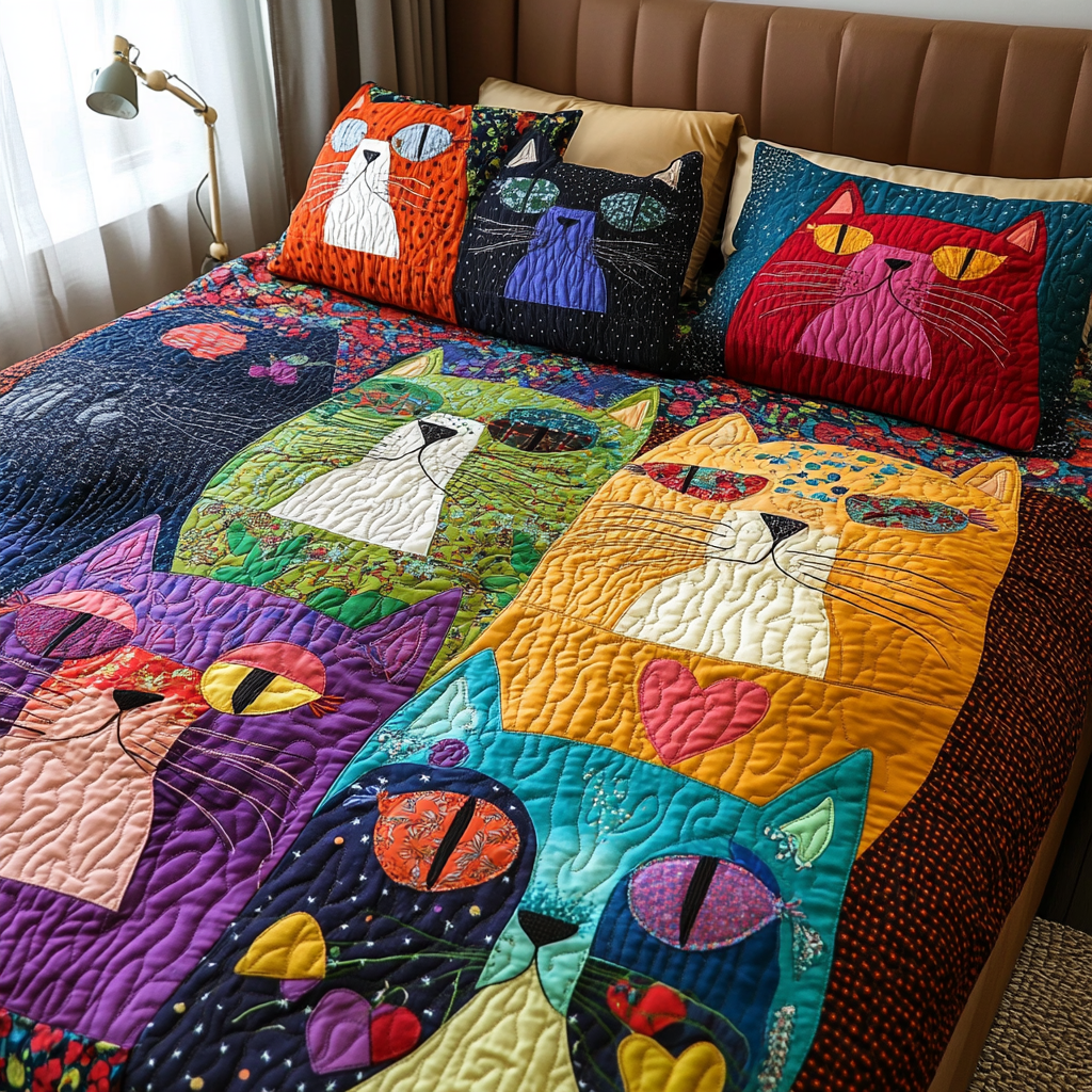 Mischief Meows 3-Piece Quilted Bedding Set
