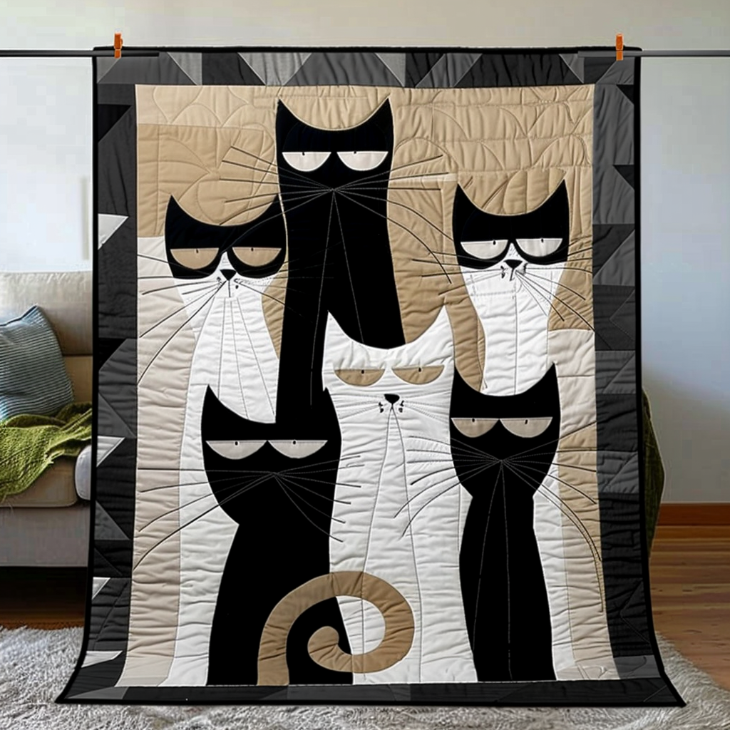 Monochrome Cats Quilted Blanket