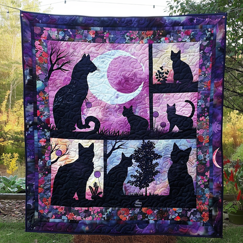 Moonlit Black Cat Family Quilted Blanket