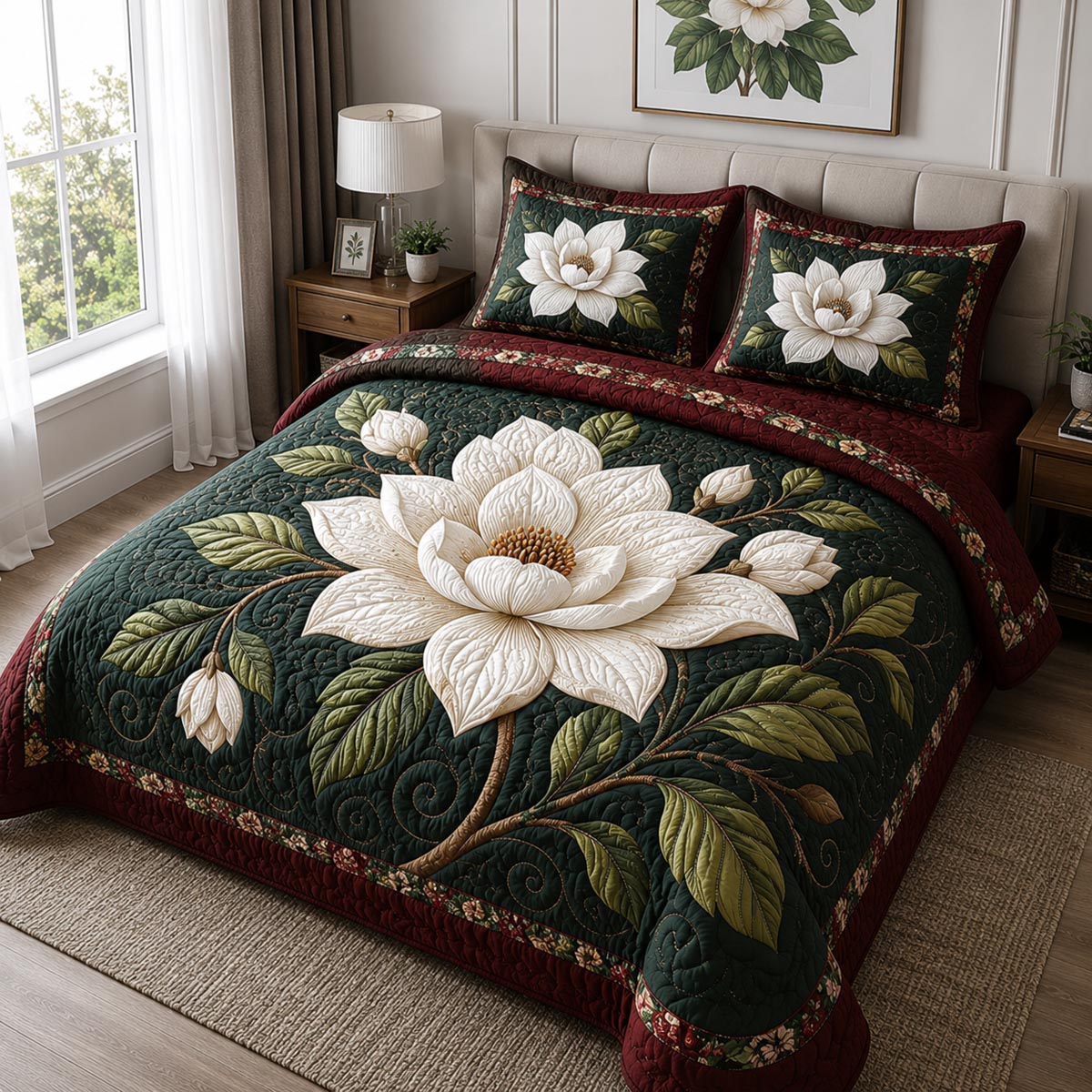 Moonlit Petals 3-Piece Quilted Bedding Set