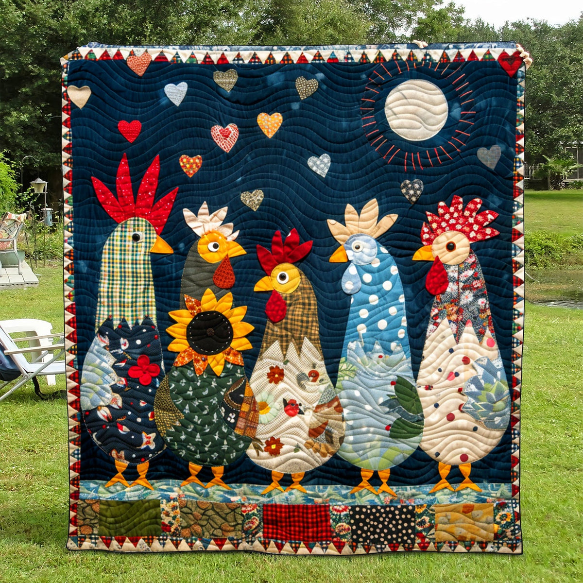 Moonlit Roosters Quilted Blanket