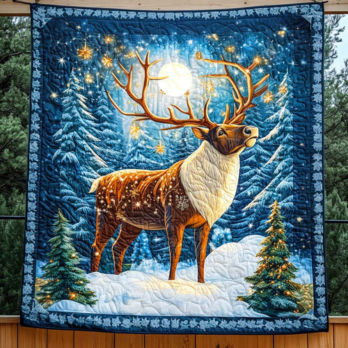 Moonlit Reindeer Magic Quilted Blanket