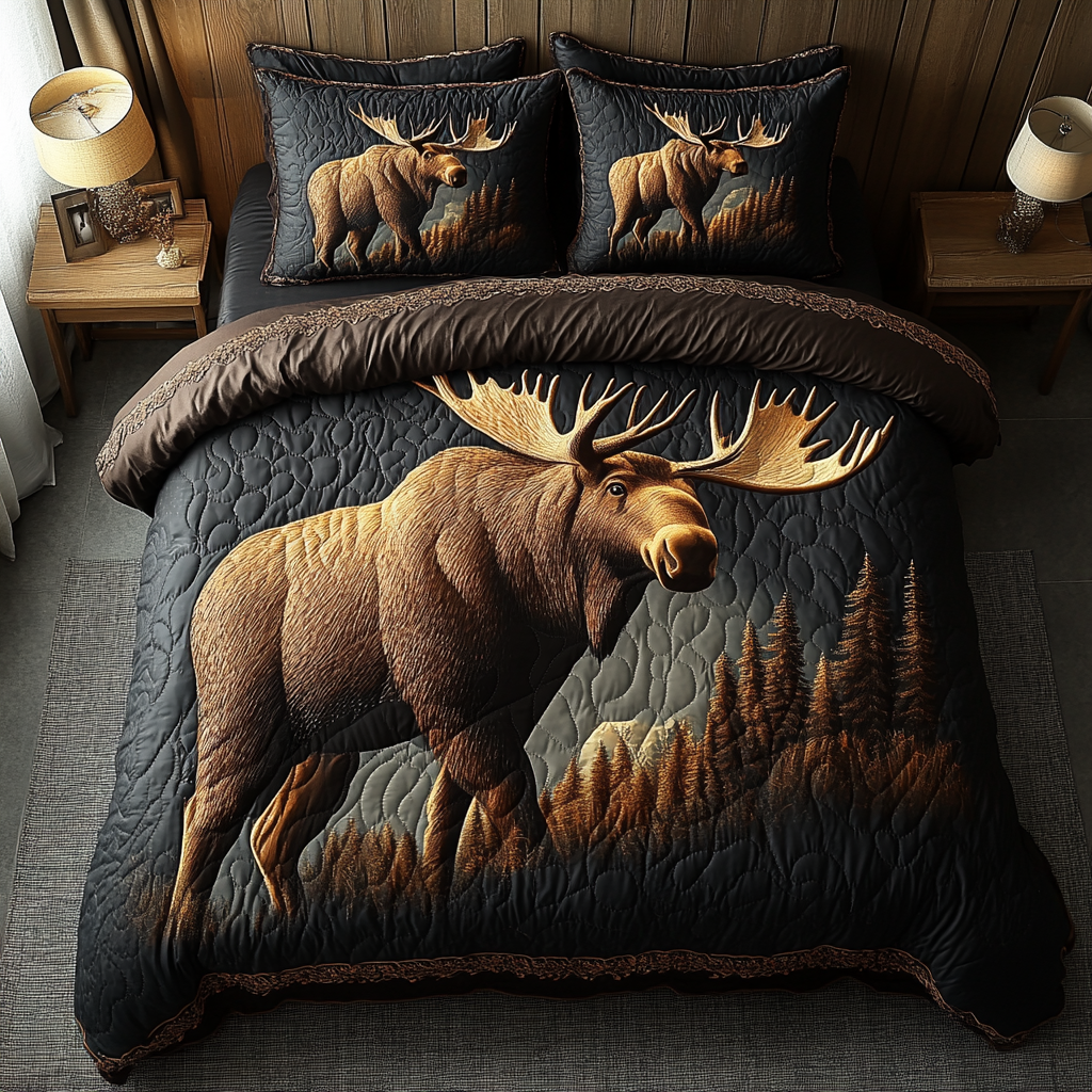 Moose Forest 3-Piece Quilted Bedding Set